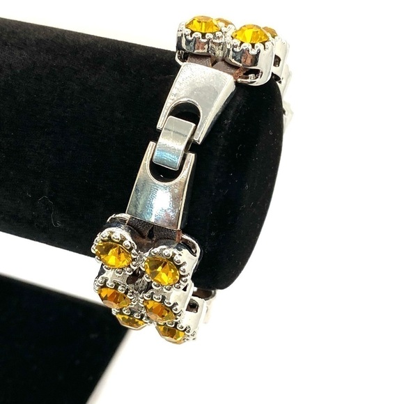 Bracelet Yellow Crystal Sliding Beads Brown Leather Silver Tone Clasp Statement - Picture 10 of 12